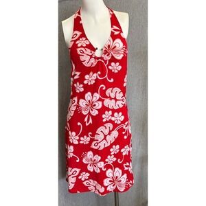 Taboo Y2K Halter Dress Red White‎ Floral Tropical Bodycon Beach Luau Retro Large